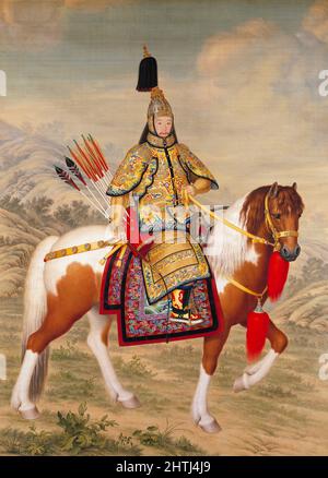 Der Kaiser Qianlong (1711-1799), der fünfte Kaiser der Qing-Dynastie in zeremonieller Rüstung auf dem Pferderuppe, Künstler Giuseppe Castiglione (1688–1766) Stockfoto