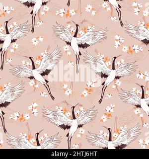 Dekorative Kimono Blumenmotiv Hintergrundmuster mit Kran und Blumen Vektor-illustration Stock Vektor