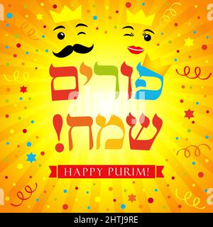 Happy purim herzlichen Glückwunsch und farbige Konfetti. Isolierte abstrakte Grafik-Design-Vorlage. Happy Purim Jüdische Schrift, farbiger Hintergrund, König und Königin carto Stock Vektor