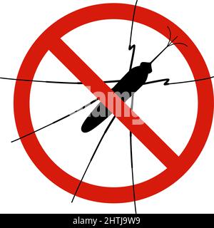 Anti-Mücken, Schädlingsbekämpfung. Schild mit Insekten stoppen. Silhouette der Mücke in rot Verbot Kreis, Vektor-Ilsutration Stock Vektor