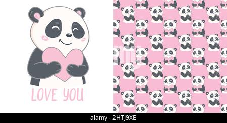 Nahtloses Muster Panda und Herz Vektor Illustration Design Grußkarte für valentinstag Stock Vektor