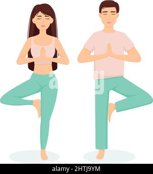 Frau und Mann machen Yoga-Übung, Vektor-Illustration Stock Vektor