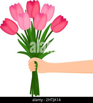 Hand hält einen schönen Blumenstrauß. Alles gute zum Frauentag, zum Muttertag. Vektorgrafik Stock Vektor