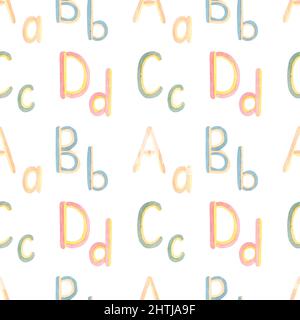 Alphabet Nahtloses Muster, Aquarell ABC Repeat Paper, Kinder niedliches pädagogisches Papier, Kinder Muster für Stoff, Kindergarten Druckdesign Stockfoto