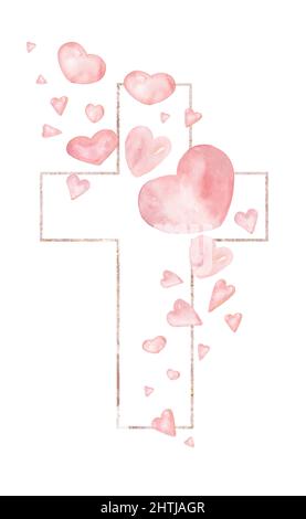 Herz Rahmen Clipart, Aquarell Pastell Herzen Rahmen Illustration, Rosa zarte Koralle Herz Kreuz, Liebe Dekor, religiös, Valentinstag, Baby-Dusche Stockfoto