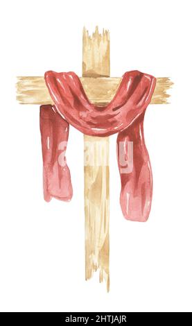 Kreuz Clipart, Aquarell christliches Holzkreuz mit rotem Tuch, Taufkreuz, Hochzeitseinladungen, Heiliger Geist, religiöse Illustration Stockfoto