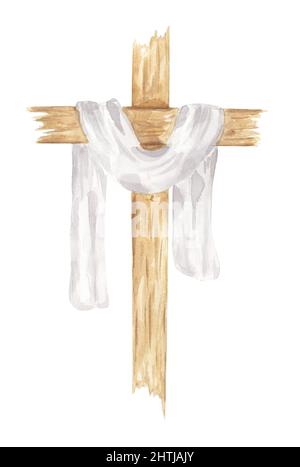 Kreuz Clipart, Aquarell christliches Holzkreuz mit weißem Tuch, Taufkreuz, Hochzeitseinladungen, Heiliger Geist, religiöse Illustration Stockfoto