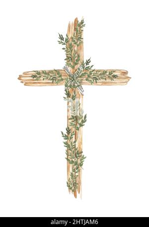 Kreuz Clipart, Aquarell Christian Holzkreuz mit Grün, Taufe Kreuz Clip Art Set, Hochzeit lädt, Heiliger Geist, religiöse Illustration Stockfoto