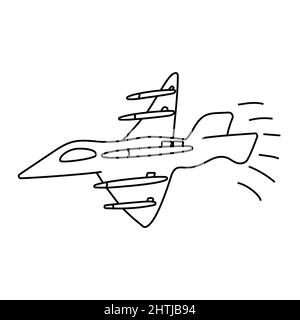 Fliegender Militärjäger mit Raketen. Waffen, Sprengköpfe. Militärische Luftfahrt. Aktive Militäroperationen. Handgezeichnete Drucke und Doodle. Stock Vektor