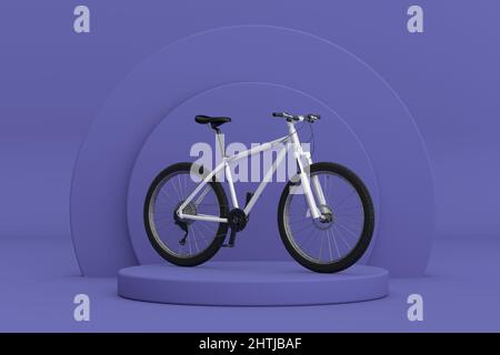Schwarz und Weiß Mountain Bike über Violet Very Peri Zylinder Produkte Bühne Sockel auf einem Violet Very Peri Hintergrund. 3D Rendering Stockfoto