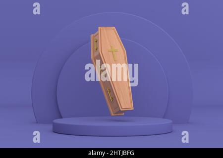 Holzkaffin mit goldenem Kreuz und Griffen über violetten Very Peri Zylindern Produkte Bühne Sockel auf einem violetten Very Peri Hintergrund. 3D Rendering Stockfoto