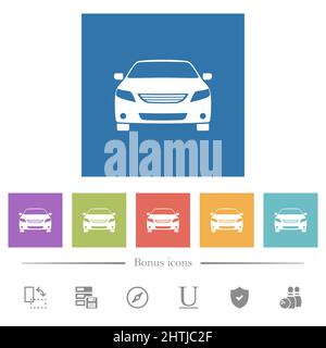 Sportwagen Vorderansicht flache weiße Symbole in quadratischen Hintergründen. 6 Bonus-Symbole enthalten. Stock Vektor