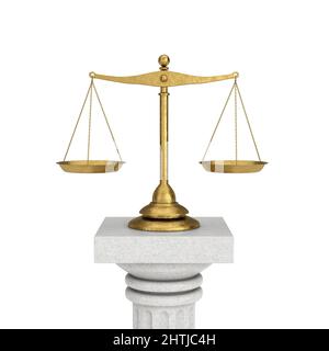 Vintage Classical Justice Golden Balanced Scales über dem Säulensockel auf weißem Hintergrund. 3D Rendering Stockfoto
