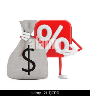Verkauf oder Rabatt Prozent Zeichen Person Charakter Maskottchen mit gebunden Rustikale Leinwand Leinen Geld Sack oder Geldbeutel mit Dollar-Zeichen auf einem weißen Hintergrund. 3D Stockfoto