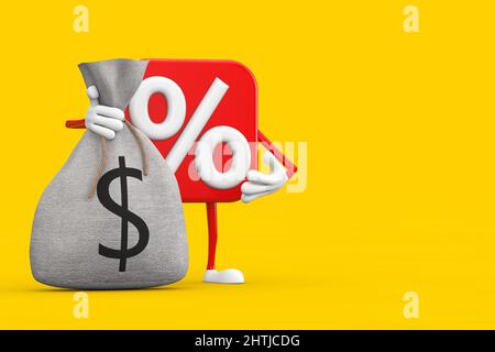 Verkauf oder Rabatt Prozent Zeichen Person Charakter Maskottchen mit gebunden Rustikale Leinwand Leinen Geld Sack oder Geldbeutel mit Dollar-Zeichen auf einem gelben Hintergrund. 3 Stockfoto