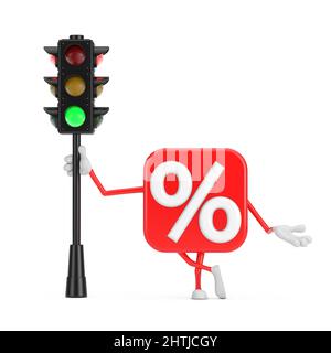 Verkauf oder Rabatt Prozent Zeichen Person Maskottchen mit Verkehr grünes Licht auf einem weißen Hintergrund. 3D Rendering