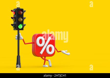 Verkauf oder Rabatt Prozent Zeichen Person Maskottchen mit Verkehr Green Light auf einem gelben Hintergrund. 3D Rendering