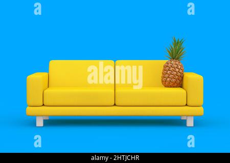 Fresh RIPE Tropical Healthy Nutrition Ananasfrucht über dem Yellow Modern Sofa auf blauem Hintergrund. 3D Rendering Stockfoto