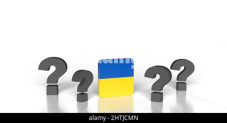 Was wird im Ukraine-Russland-Konflikt passieren? Viele Fragezeichensymbole und ukrainische Flagge auf 3D gerenderten weißen Hintergrund und Kopierraum. Stockfoto