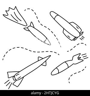 Fliegende Militärraketen, Sprengköpfe. Aktive Militäroperationen. Handgezeichnete Drucke und Doodle. Stock Vektor