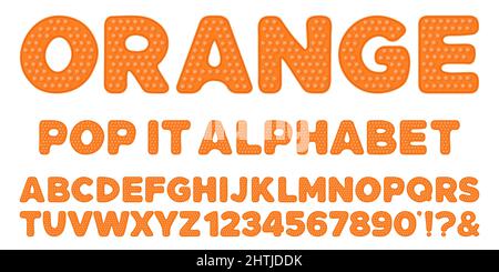 Orangefarbenes popit-Alphabet und Zahlen im Fidget-Spielzeugstil. Pop it Schriftdesign als trendiges Silikonspielzeug für Fidget in knalliger Farbe. Blase sensorisch lett Stock Vektor