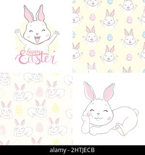 Set von osterkarten und -Muster. Weihnachtsumschläge, Poster, Banner, Grußkarte. Cartoon flache Vektor-Illustration isoliert auf weißem Hintergrund Stock Vektor