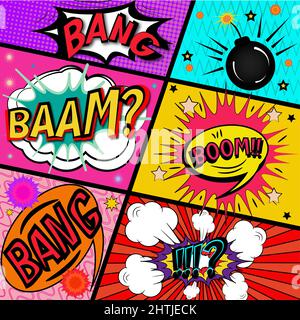 Set von Pop-Art-Soundeffekten für Comics. Pop Art Sprechballon-Paket für Comic-Bücher. Stockfoto