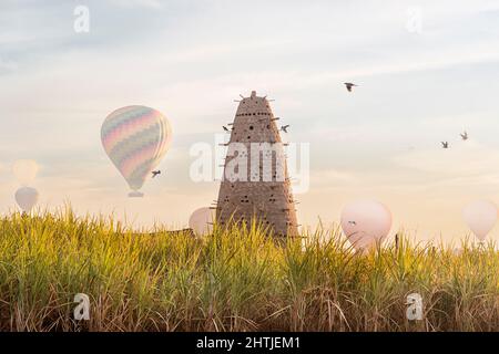 Hoher konischer Nesttaubenturm mit vielen Löchern auf grasbewachsenem Feld mit Luftballons in Ägypten am Sommertag Stockfoto