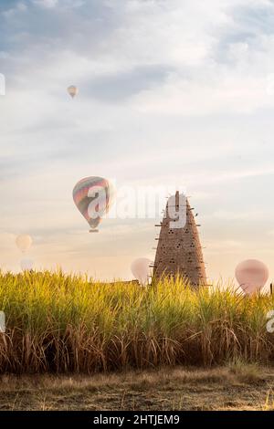 Hoher konischer Nesttaubenturm mit vielen Löchern auf grasbewachsenem Feld mit Luftballons in Ägypten am Sommertag Stockfoto