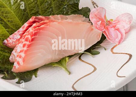 Sashimi oder Scheiben rohen Fischs sind eine der Köstlichkeiten, die uns die japanische Küche bringt. Brassen, Lachs, Thunfisch, Wasabi und Sojasauce. Stockfoto