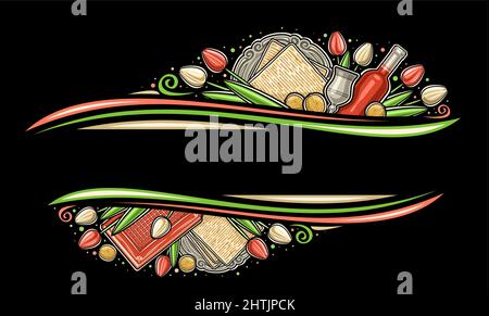 Vektorborder für Passah mit Textkopie, dekorativer horizontaler Gutschein mit Darstellung verschiedener Passover-Symbole, silberner Kelch, rot w Stock Vektor