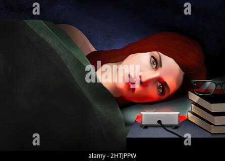 Eine Frau, die mit weit geöffneten Augen im Bett liegt, ist in einer 3-d-Illustration über Schlaflosigkeit zu sehen. Stockfoto