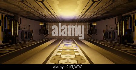 Künstliche Intelligenz Technologie Schematische futuristische Showroom oder Halle Vollbeton Metallisch Dunkle Farben Experimental Lab 3D Render Stockfoto