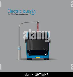 Elektrobus an der Ladestation. Eine neue Art des ökologischen Stadtverkehrs. Vorderansicht. Stock Vektor