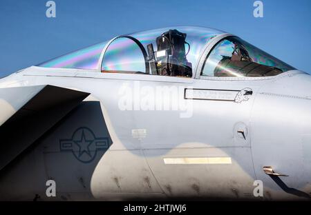 SLIAC, SLOWAKEI - 29. AUGUST 2015: Cockpit des Luftjägers F-15 Eagle Stockfoto