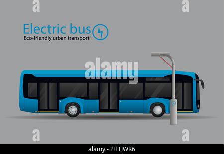 Elektrobus an der Ladestation. Eine neue Art des ökologischen Stadtverkehrs. Seitenansicht. Stock Vektor