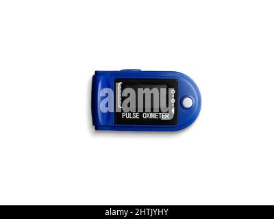 Digitales Pulsoximeter auf Weiß isoliert. Diagnose- und Gesundheitskonzept. Ansicht von oben. Stockfoto