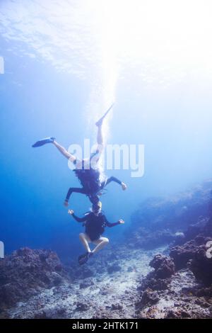 Unterwasserabenteuer. Zwei schwimmende Taucher, die Kopf an Kopf und auf dem Kopf unter Wasser herumtörneln - Copyspace. Stockfoto