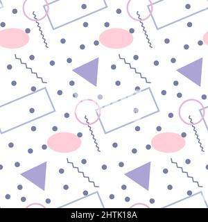 Nahtloses Muster in minimalistischer geometrischer Optik. Rosa, violette, graue und weiße Farben. Memphis-Stil im Retro-Druck. Abstrakter Doodle-Hintergrund. Endlos Stock Vektor