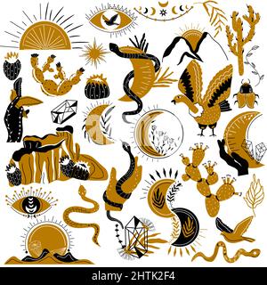 Wilder Westen. Mystische Schlange, Kaktus, Stern, Blatt, Barde, mond, Sonne, Kruste, Hand mit Schlange. Old West. Vektorgrafik Stock Vektor