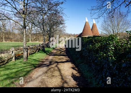 Oast Houses auf einem Bauernhof in Kent The Garden of England Stockfoto