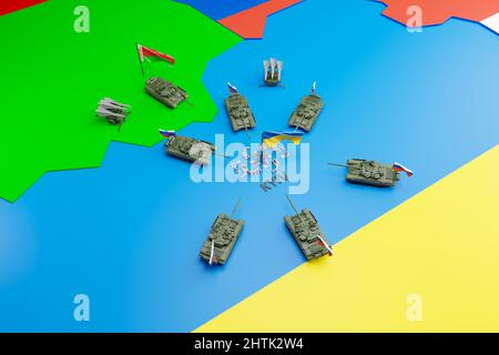 Russische Militärpanzer umkreisen die ukrainische Hauptstadt Kiew. Krieg in der Ukraine, Russland Sonderaktion. 3D Rendern. Stockfoto