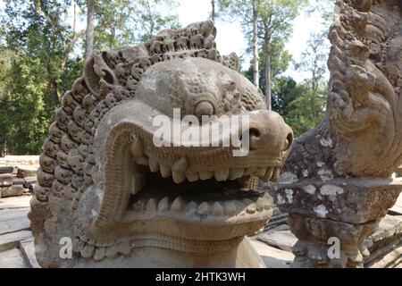 Kopf der Hüterlöwe Skulptur im mystischen Bayon Tempel in der beeindruckenden Khmer Ruinenstadt Angkor Thom, Siem Reap, Kambodscha Stockfoto