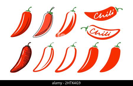 Roter Chili-Pfeffer-Symbolsatz. Symbol für heißen Geschmack. Vektorgrafik Stock Vektor