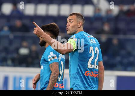 Artem Dzyuba von Zenit reagiert während des Fußballspiels der russischen Premier League zwischen Zenit und FC Rubin Kazan in der Gazprom Arena. Endstand: Zenit 3:2 FC Rubin Kazan. (Foto von Aleksandr Kulebyakin / SOPA IMAG/Sipa USA) Stockfoto