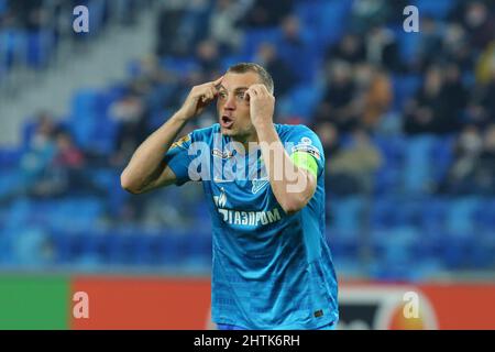 Artem Dzyuba von Zenit reagiert während des Fußballspiels der russischen Premier League zwischen Zenit und FC Rubin Kazan in der Gazprom Arena. Endstand: Zenit 3:2 FC Rubin Kazan. (Foto von Aleksandr Kulebyakin / SOPA IMAG/Sipa USA) Stockfoto