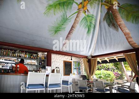 Grand Anse Beach Grenada Mount Cinnamon Hotel Barkeeper arbeitet hinter der Bar Stockfoto