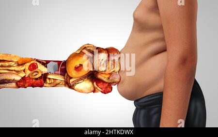 Adipositas und Schmerzen Konzept und Essen ungesunde Ernährung als Bauchschmerzen einer übergewichtigen Person, die in den Magen mit Junk-Food als Soda-Burger geschlagen. Stockfoto