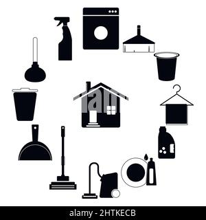 Schwarz-weiße Reinigungssymbole, sauber und ordentlich waschen. Illustration von Hausarbeit und Wasch-Service, Reiniger und Pinsel Vektor Stock Vektor