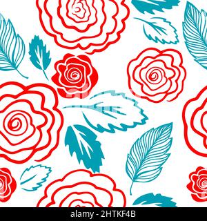 Rote und blaue einfache Rosen nahtloses Muster. Vektorgrafik Stock Vektor
